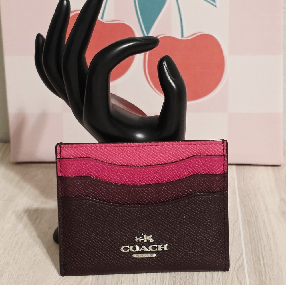 Coach Flat Credit Card ID Case in Pink Ombré Colorblock Leather 64859 Work Badge